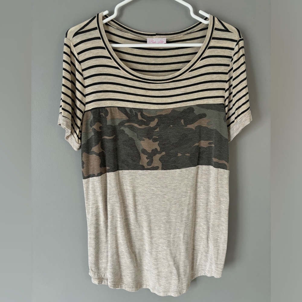 Pink Lily oatmeal shirt camp stripe block size large